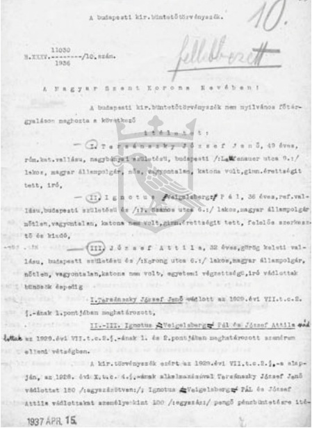 Ignotus Pál kihallgatási jegyzőkönyve. Tersánszky Józsi Jenő szemérem elleni vétség perének iratai. Jelzet: BFL – VII.5.c – 1936 – 11030 Budapesti Királyi Büntetőtörvényszék iratai. Büntetőperek iratai