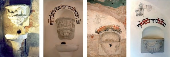 Kézmosó az előcsarnokban, melynek felirata is előkerül | A persely talált és restaurált állapotban