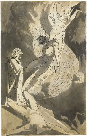 Johann H. Füssli: Dante megriad Paolo és Francesca lebegő lelkétől (1800 körül)